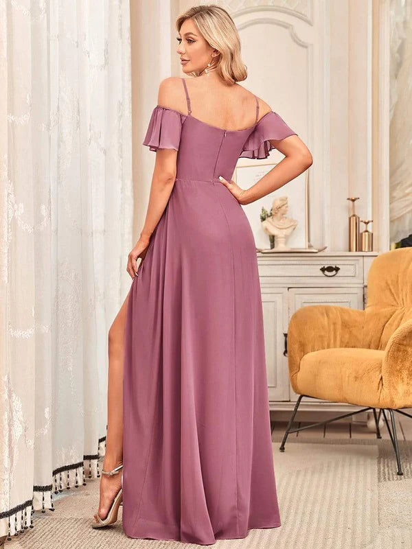 Stylish Cold Shoulder Flare Sleeves Flowy Bridesmaid Dress