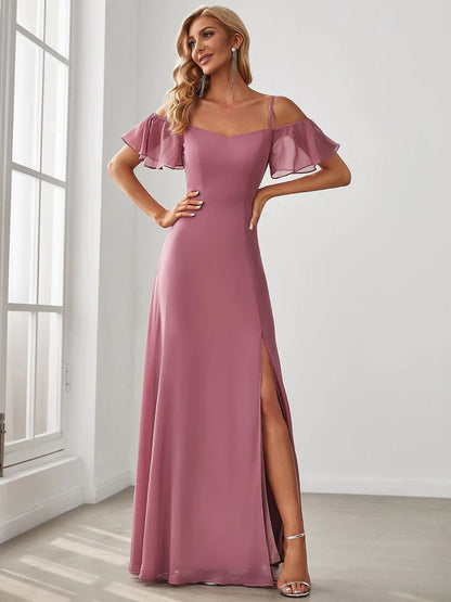 Chiffon Off-The-Shoulder Side Slit Bridesmaid Dress with sleeves