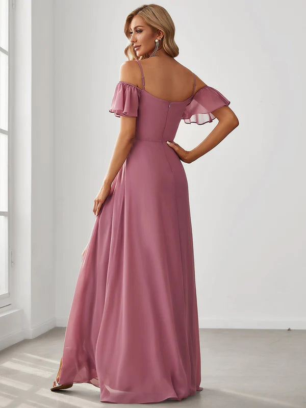 Chiffon Off-The-Shoulder Side Slit Bridesmaid Dress with sleeves