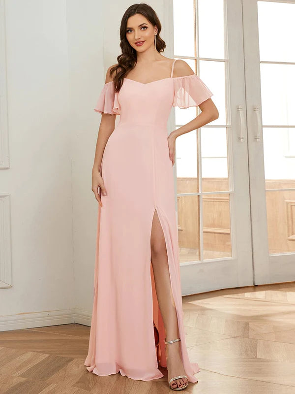 Chiffon Off-The-Shoulder Side Slit Bridesmaid Dress with sleeves