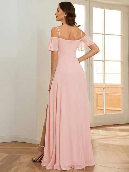 Chiffon Off-The-Shoulder Side Slit Bridesmaid Dress with sleeves