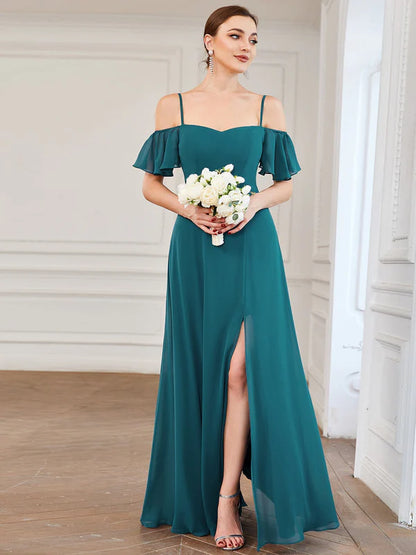 Chiffon Off-The-Shoulder Side Slit Bridesmaid Dress with sleeves