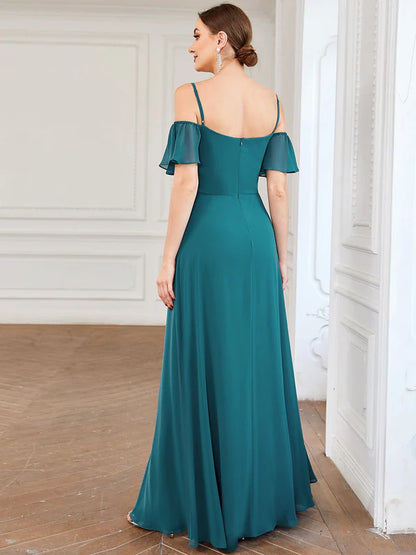 Chiffon Off-The-Shoulder Side Slit Bridesmaid Dress with sleeves