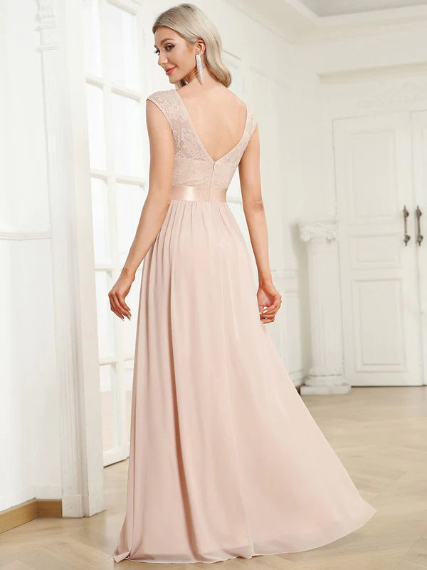 Classic Round Neck V Back Lace Bodice Bridesmaid Dress