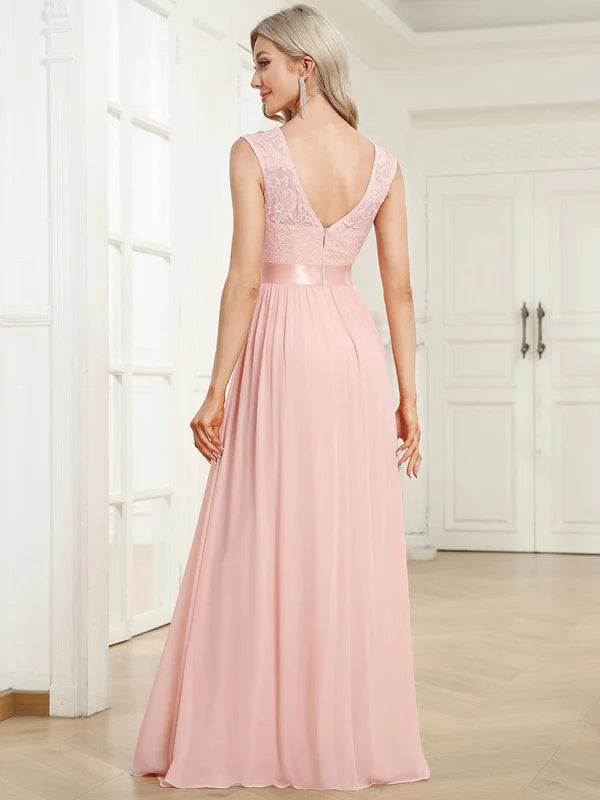 Classic Round Neck V Back Lace Bodice Bridesmaid Dress