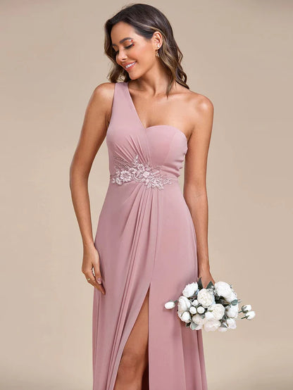 Waist Applique One-Shoulder A-Line Bridesmaid Dress with High Slit/Evening  Dresses