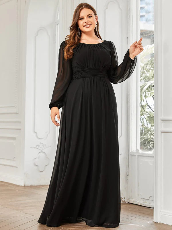 Plus Size See-Through Puff Sleeve Chiffon Mother Dress