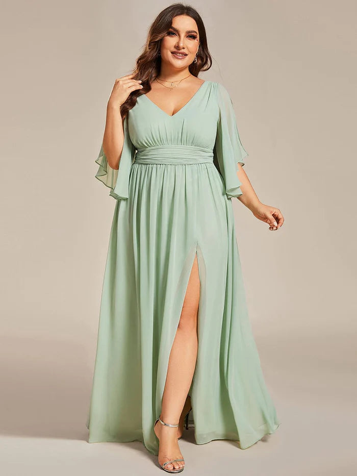 Plus Size Half Sleeve Pleated A-Line V-Neck Chiffon Bridesmaid Dress/Prom Dresses