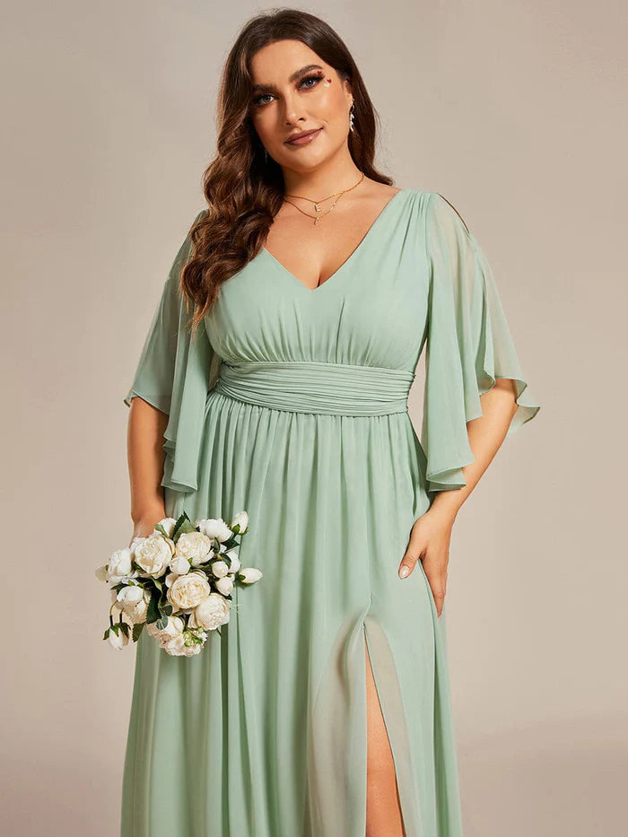 Plus Size Half Sleeve Pleated A-Line V-Neck Chiffon Bridesmaid Dress/Prom Dresses