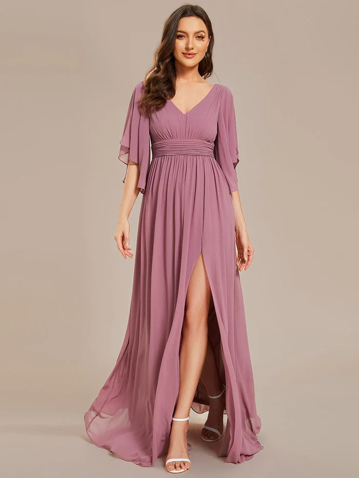 Half Sleeve V-Neck Pleated High Slit A-Line Chiffon Bridesmaid Dress/Prom Dresses