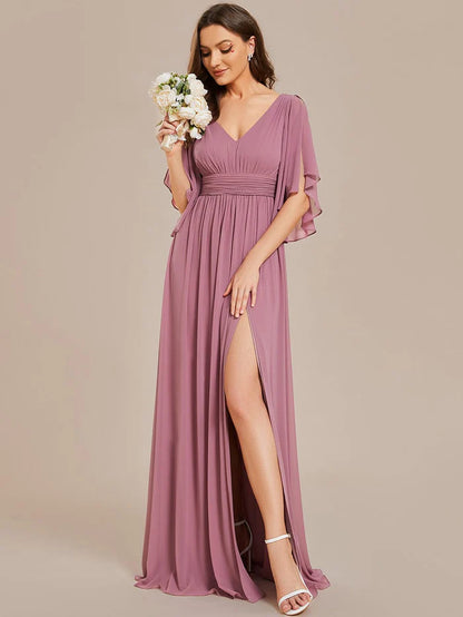 Half Sleeve V-Neck Pleated High Slit A-Line Chiffon Bridesmaid Dress/Prom Dresses