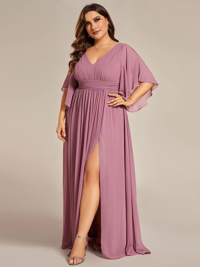 Plus Size Half Sleeve Pleated A-Line V-Neck Chiffon Bridesmaid Dress/Prom Dresses