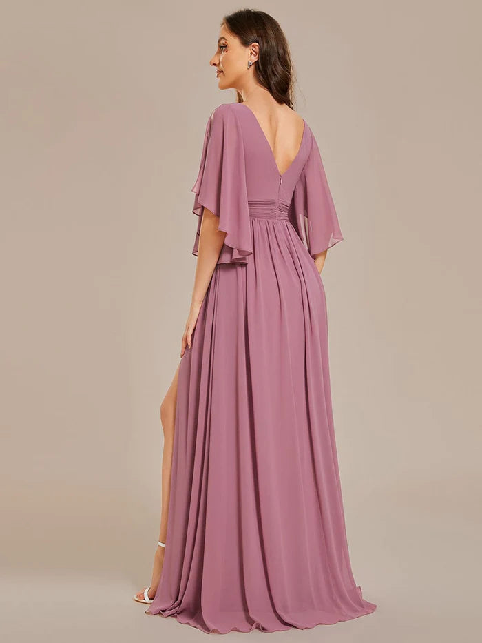 Half Sleeve V-Neck Pleated High Slit A-Line Chiffon Bridesmaid Dress/Prom Dresses