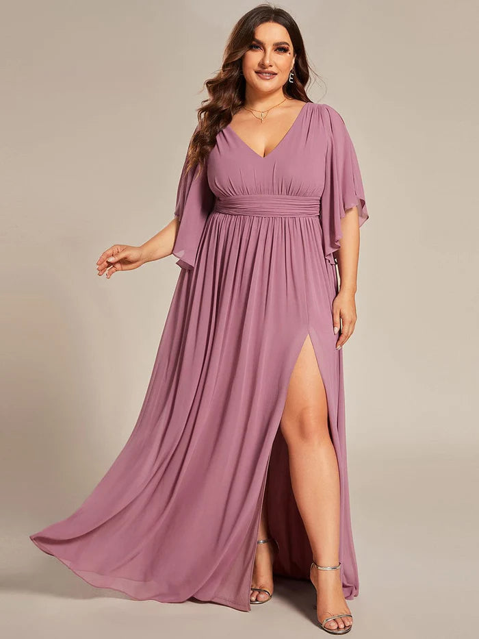 Plus Size Half Sleeve Pleated A-Line V-Neck Chiffon Bridesmaid Dress/Prom Dresses