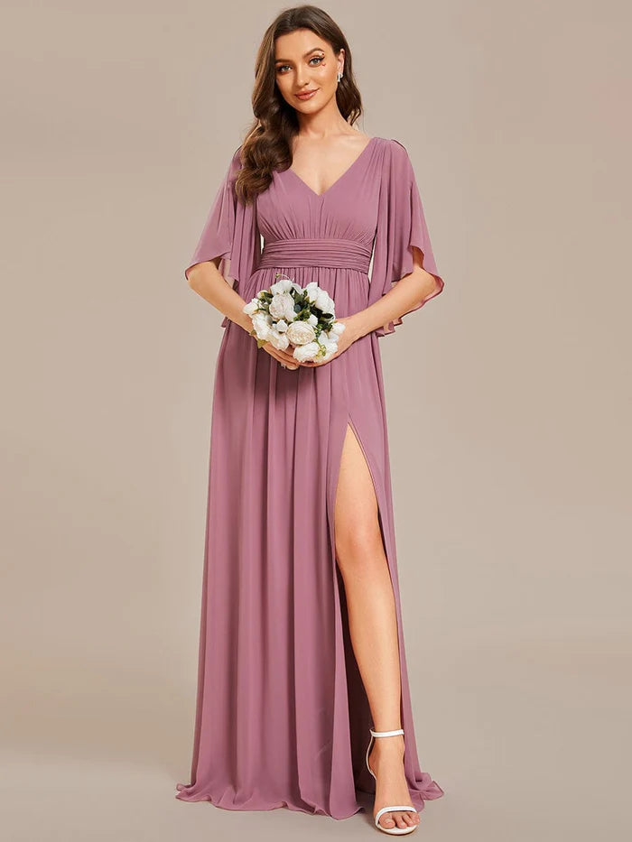 Half Sleeve V-Neck Pleated High Slit A-Line Chiffon Bridesmaid Dress/Prom Dresses