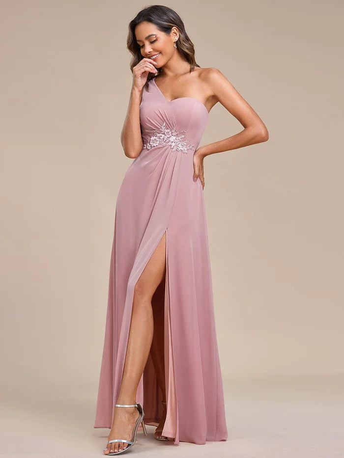 Waist Applique One-Shoulder A-Line Bridesmaid Dress with High Slit/Evening  Dresses