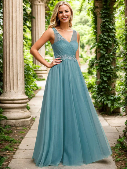 See-Through Shoulder Strap Flower Decoration Tulle Bridesmaid Dress/Prom Dresses