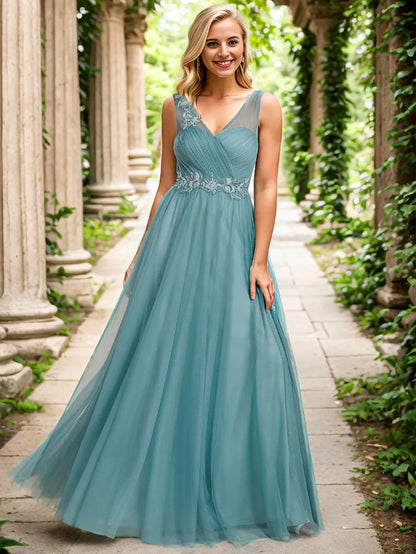 See-Through Shoulder Strap Flower Decoration Tulle Bridesmaid Dress/Prom Dresses