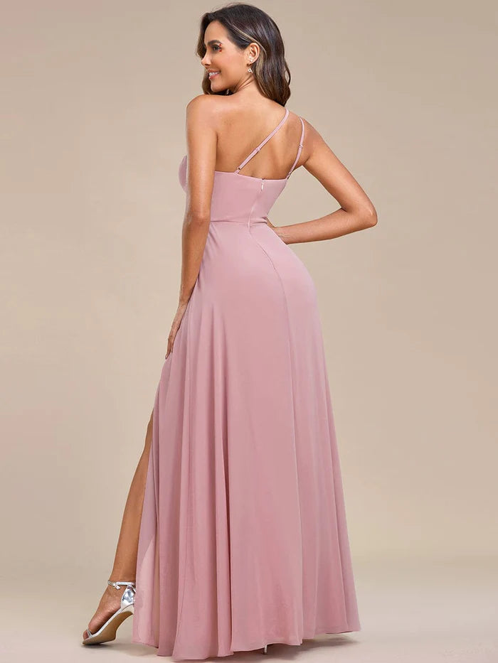 Waist Applique One-Shoulder A-Line Bridesmaid Dress with High Slit/Evening  Dresses