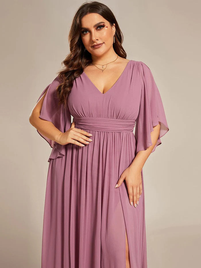 Plus Size Half Sleeve Pleated A-Line V-Neck Chiffon Bridesmaid Dress/Prom Dresses