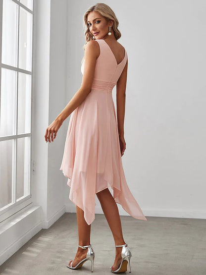 V Neck Ruched Asymmetrical Hems Midi Chiffon Bridesmaid Dress