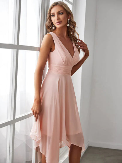 V Neck Ruched Asymmetrical Hems Midi Chiffon Bridesmaid Dress