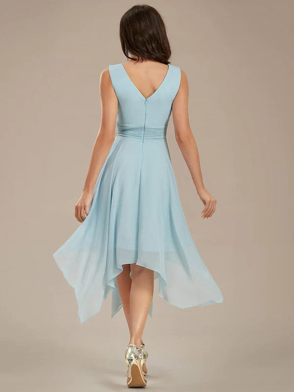 V Neck Ruched Asymmetrical Hems Midi Chiffon Bridesmaid Dress