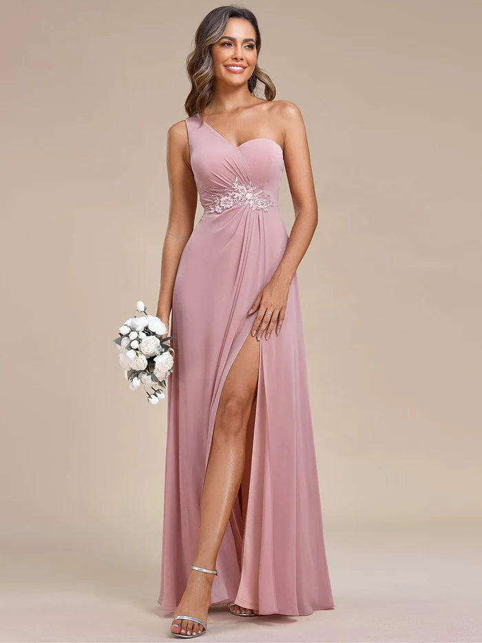 Waist Applique One-Shoulder A-Line Bridesmaid Dress with High Slit/Evening  Dresses