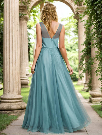 See-Through Shoulder Strap Flower Decoration Tulle Bridesmaid Dress/Prom Dresses