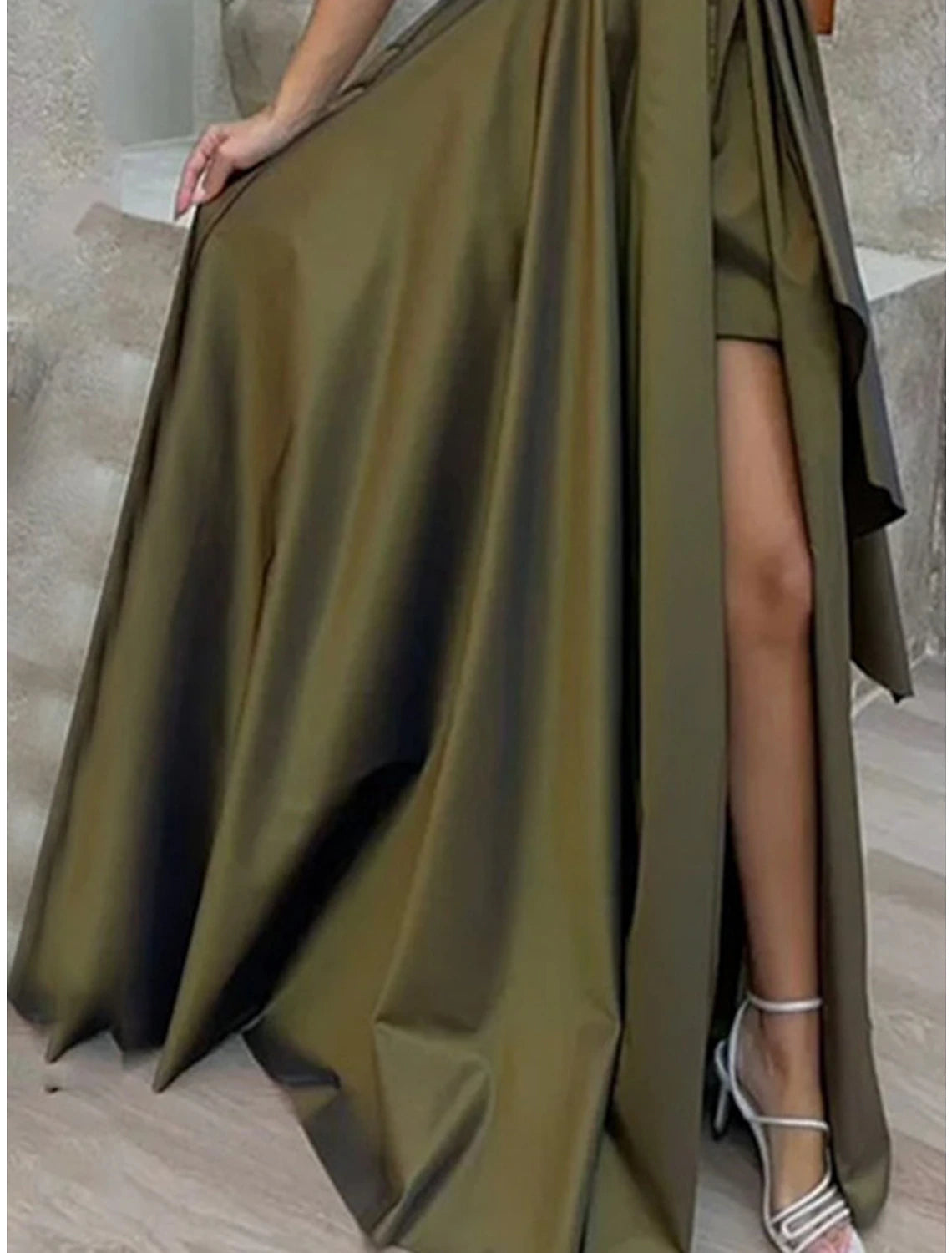 Women's Prom Dress Party Dress Satin Dress Long Dress Maxi Dress Army Green Sleeveless Pure Color Ruffle Spring Fall Winter One Shoulder Fashion Winter Dress Evening Party Wedding Guest