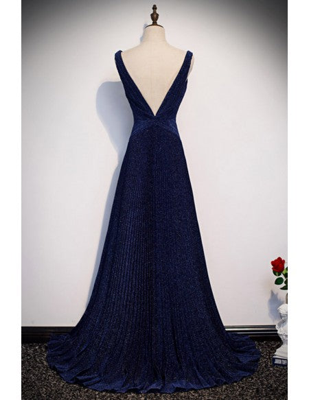 Navy Blue Pleated Deep Vneck Metallic Prom Dress