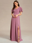 A-Line Ruffles Sleeve Front Slit Pleated Chiffon Maternity Dress/Prom Dresses