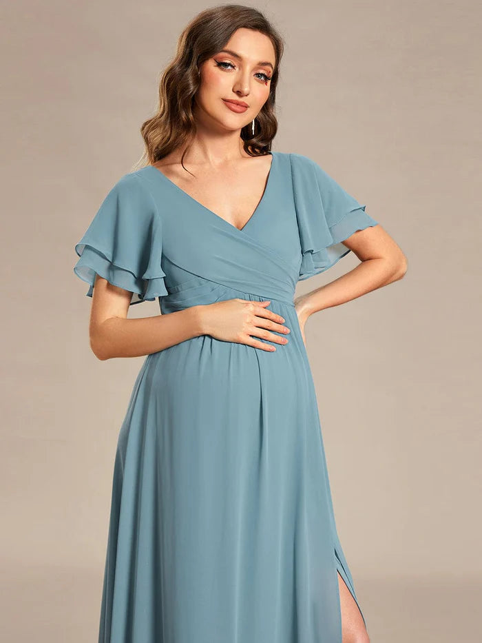 A-Line Ruffles Sleeve Front Slit Pleated Chiffon Maternity Dress/Prom Dresses