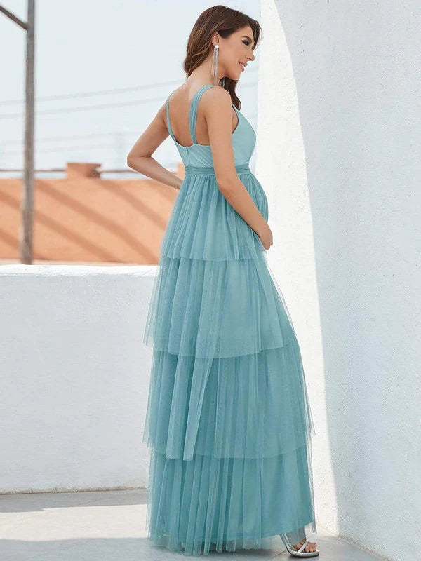 Tie Waist V-Neck Tiered Floor-length Maternity Dress