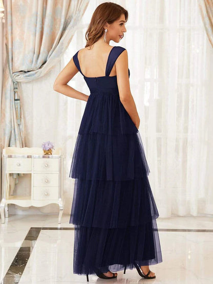 Tie Waist V-Neck Tiered Floor-length Maternity Dress