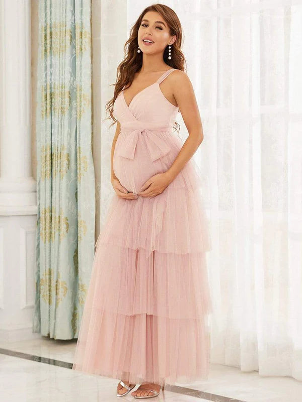 Tie Waist V-Neck Tiered Floor-length Maternity Dress