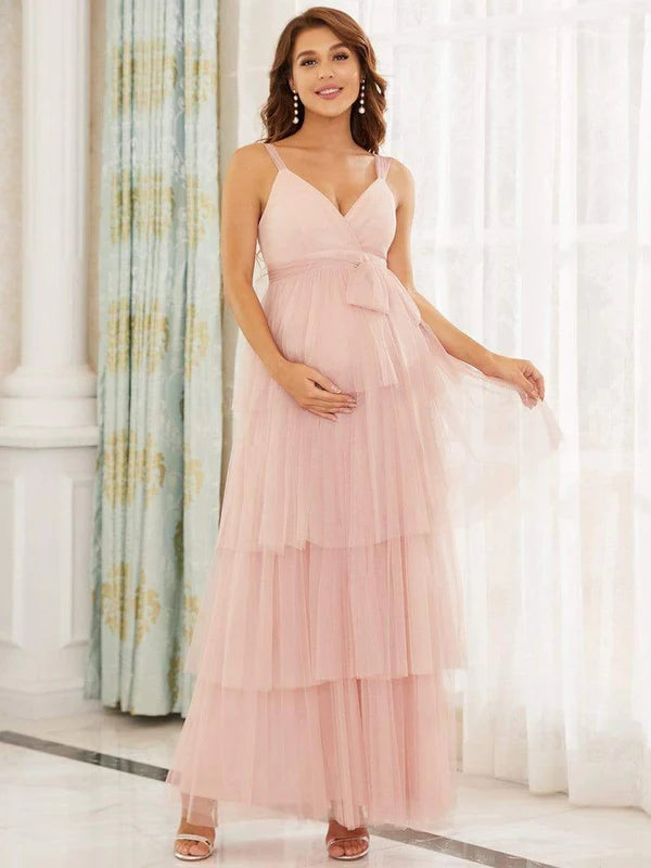 Tie Waist V-Neck Tiered Floor-length Maternity Dress