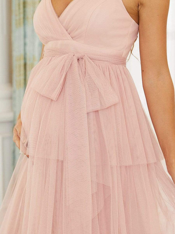 Tie Waist V-Neck Tiered Floor-length Maternity Dress