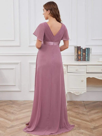 Ruched Bodice Flowy Chiffon Floor-Length Maternity Dress with Sleeves