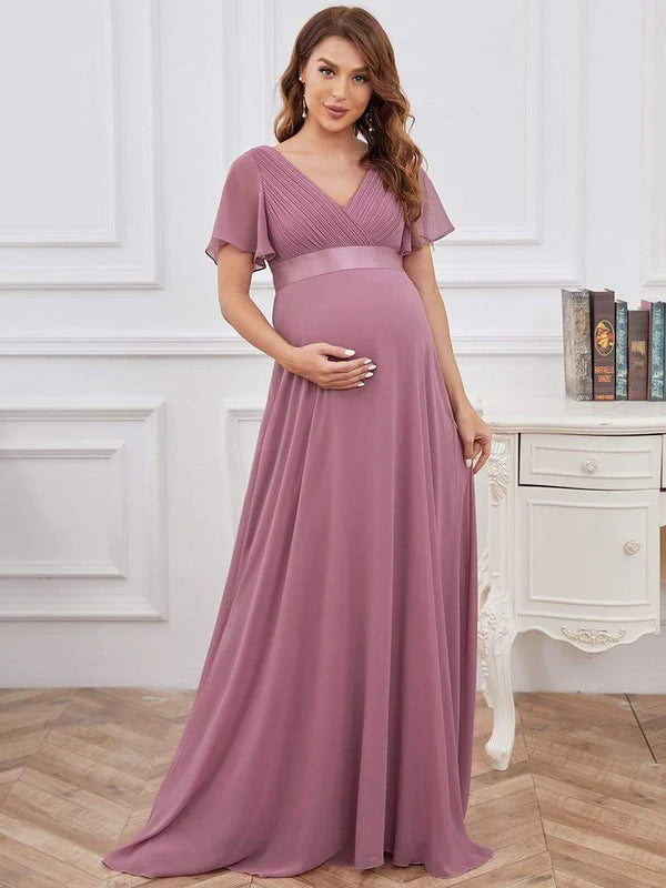 Ruched Bodice Flowy Chiffon Floor-Length Maternity Dress with Sleeves