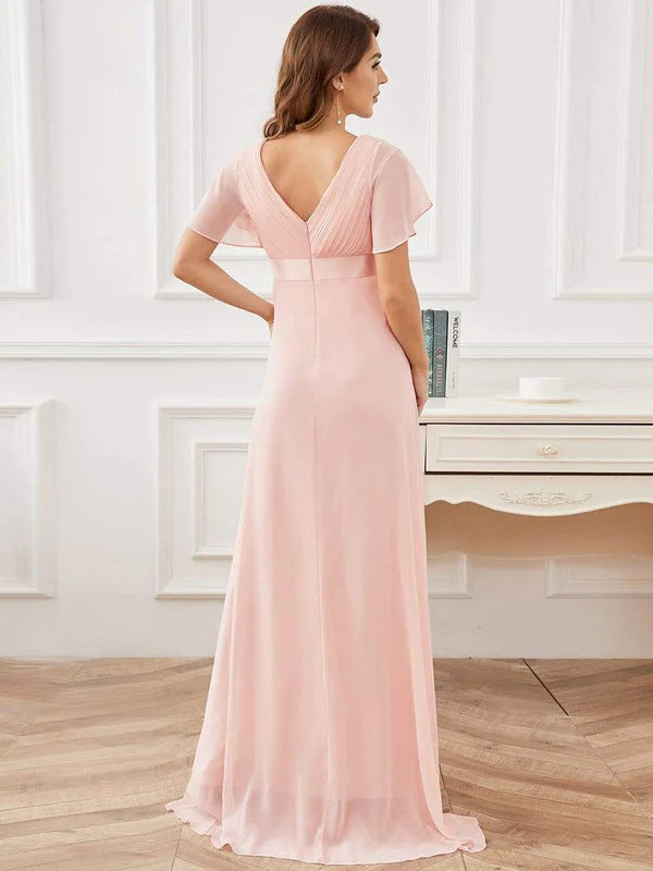 Ruched Bodice Flowy Chiffon Floor-Length Maternity Dress with Sleeves