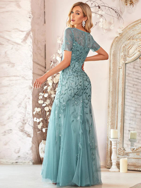 Floral Sequin Print Maxi Long Fishtail Formal Dresses With Half Sleeve