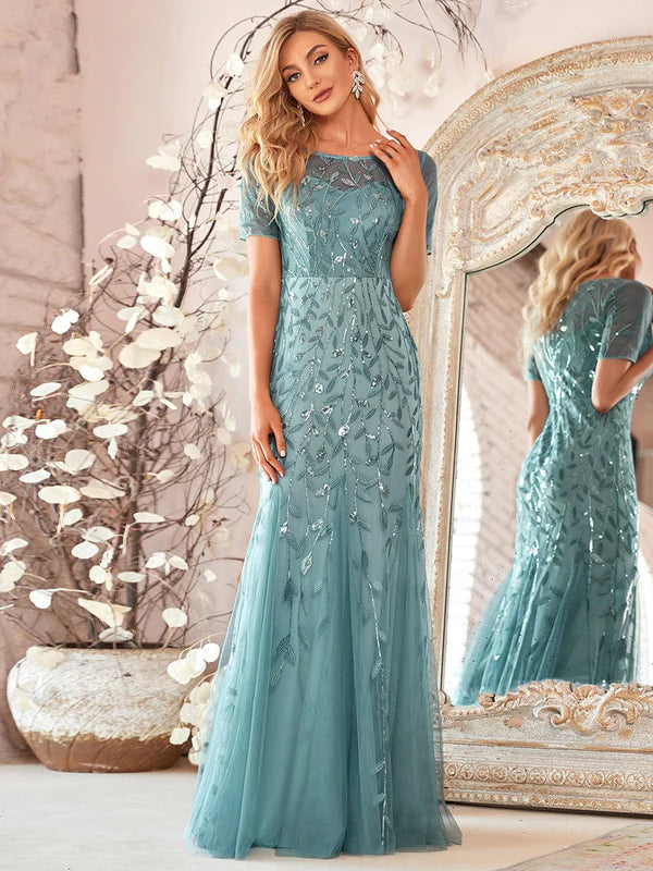 Floral Sequin Print Maxi Long Fishtail Formal Dresses With Half Sleeve