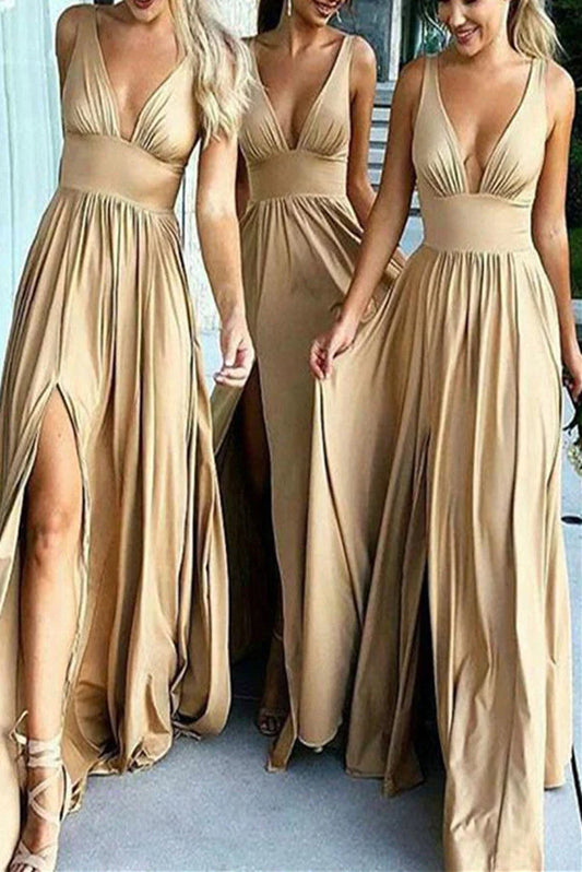 Elegant A-Line V-Neck Elastic Satin Backless Ruffles Sleeveless Bridesmaid Dress with Split