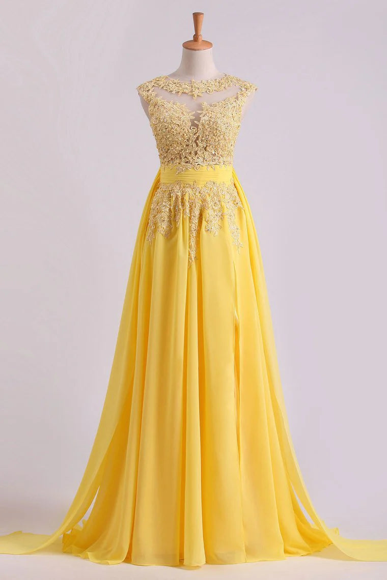 Enchanted Bateau A-Line Court Train Party Dresses With Applique Bow-Knot Daffodil