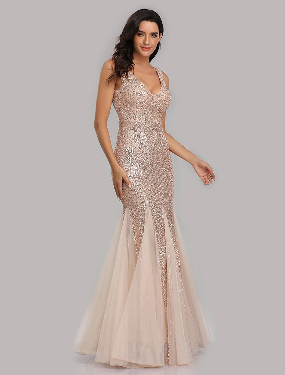 Mermaid / Trumpet Evening Gown Sparkle Dress Wedding Guest Party Wear Floor Length Sleeveless V Neck Sequined with Sequin