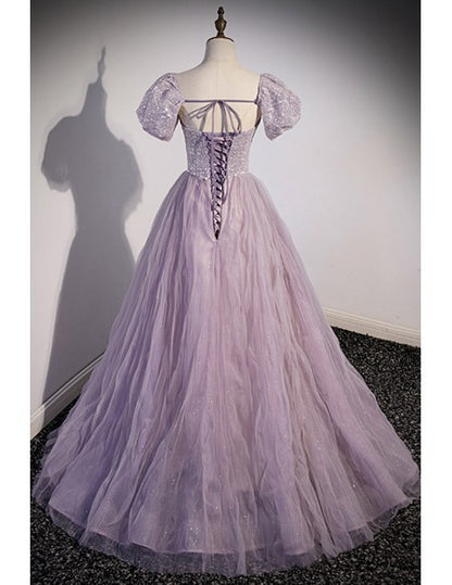 Purple Long Tulle Prom Dress with Bling