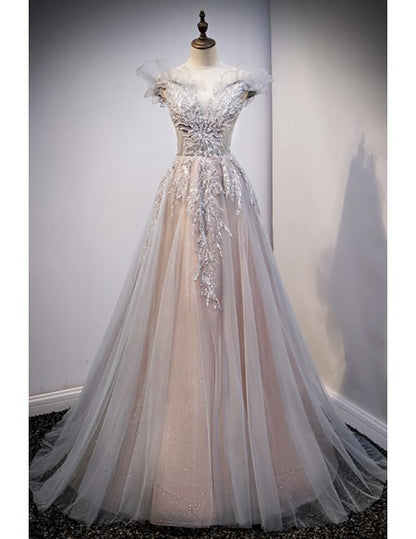 Stunning Grey Tulle Off Shoulder Prom Dress with Embroidered Sequins