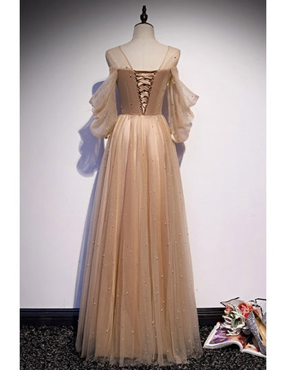 Elegant Cold Shoulder Champagne Aline Prom Dress with Beadings