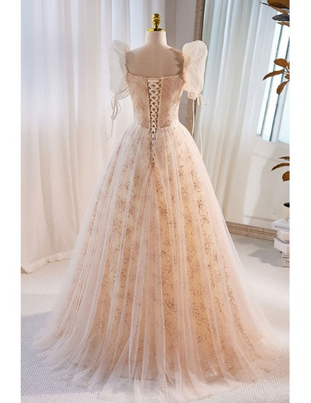 Beautiful Champagne Flowy Long Tulle Prom Dress with Bubble Sleeves